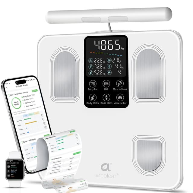 arboleaf Körperfettwaage Personenwaage digital, Körperanalysewaage mit Handsensoren & großes Display Waage mit Körperfett und Muskelmasse, Körperwaage 8-Elektroden mit App 27 Körpermaße Weiss 8