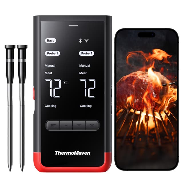 ThermoMaven P2 Smarte Fleischthermometer Kabellose – 152m Bluetooth 5.3, 2 Sonden 6 Sensoren, Unbegrenzte WLAN Überwachung Stabilität, IPX8 Wasserdicht, Grill Ofen Küche Lebensmittel Heißluftfritteuse