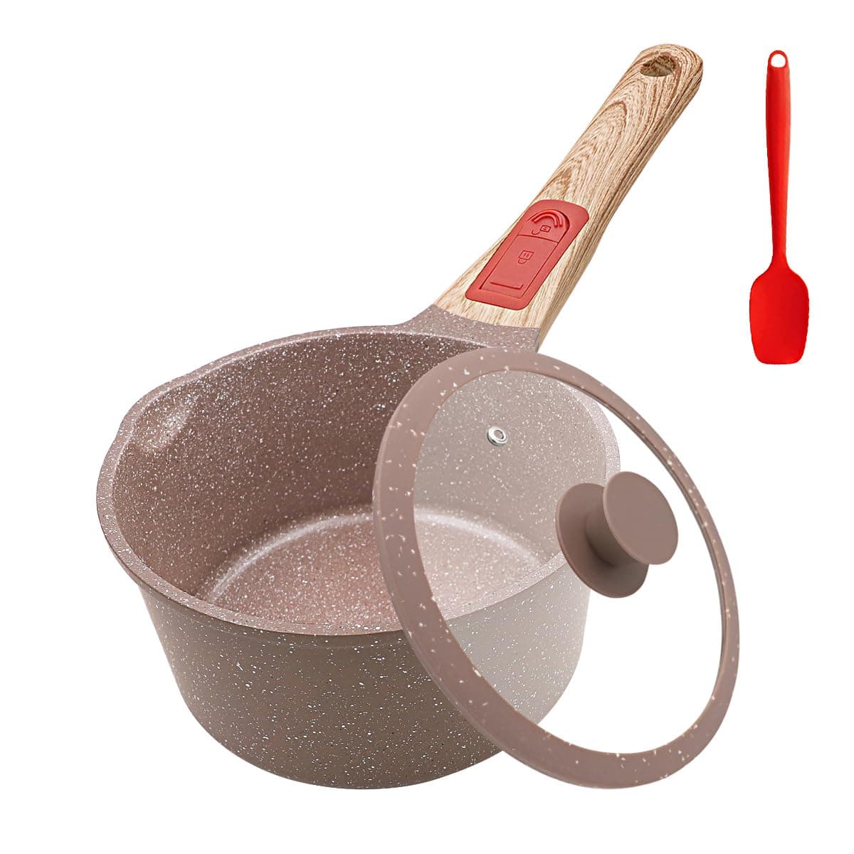 AIKENBBKK Keramik Stielkasserolle 16 cm mit Deckel, 1.5L Antihaft-Keramikbeschichtung Kasserolle mit Abnehmbarer Griff, Geeignet für alle Herdarten, PTFE-und PFOA-Frei- Braun Braun 16cm