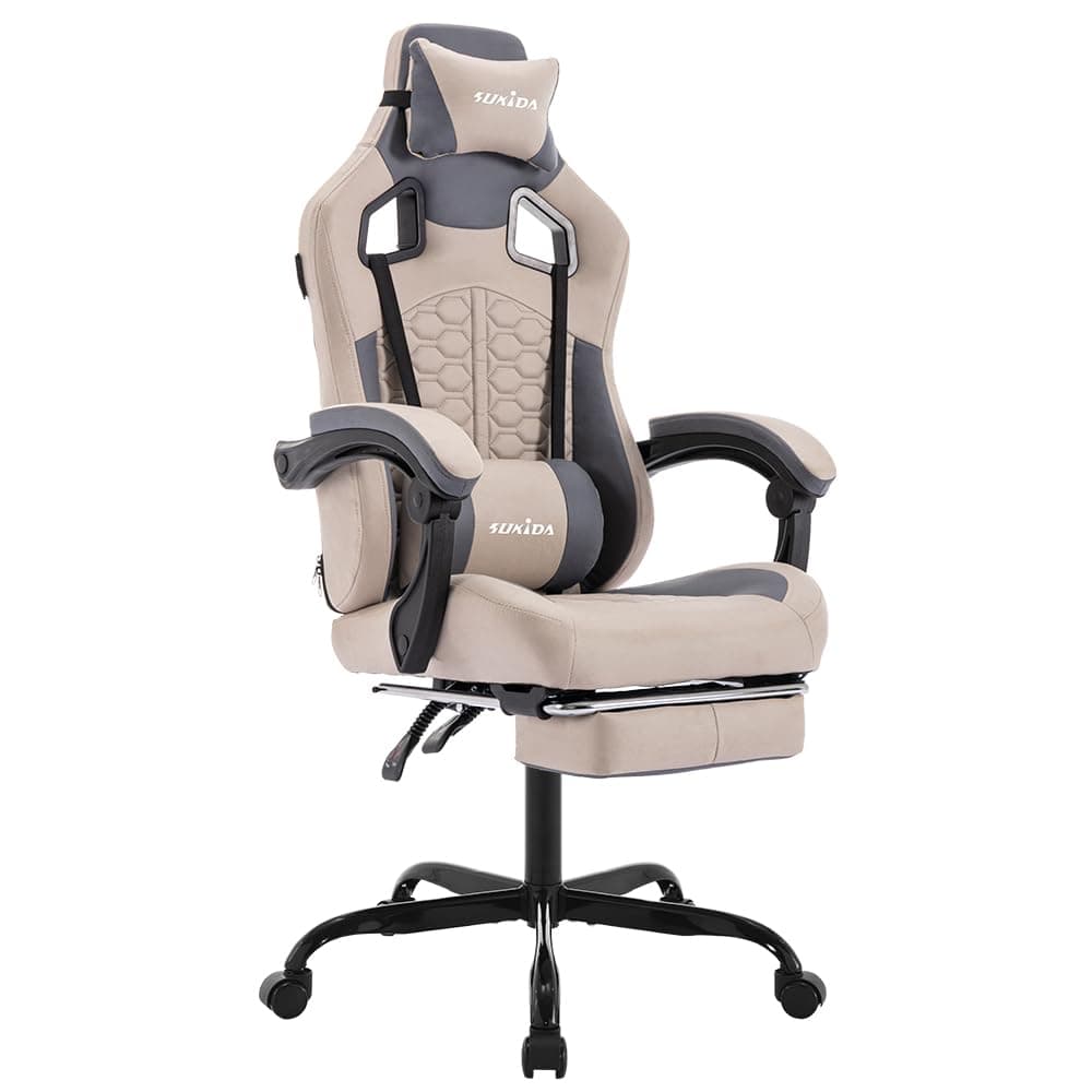 SUKIDA Gaming Stuhl, Ergonomischer Gaming-Stuhl mit Fußstütze, Racing Gaming Chair Kopfstütze Verstellbarer Computerstuhl Höhenverstellbar Lendenwirbelstütze für Homeoffice und Gaming Beige