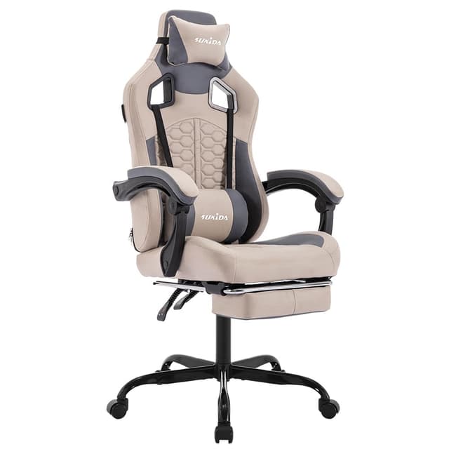 SUKIDA Gaming Stuhl, Ergonomischer Gaming-Stuhl mit Fußstütze, Racing Gaming Chair Kopfstütze Verstellbarer Computerstuhl Höhenverstellbar Lendenwirbelstütze für Homeoffice und Gaming Beige