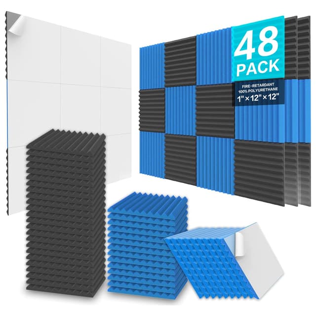 JBER Akustikschaumstoff-Platten, 48 Stück, 2,5 x 30 x 30 cm, Studio, Schalldämmung, Keil-Struktur, feuerfest, schalldicht, gepolstert, akustisch behandelter Schaumstoff, Schwarz und Blau 2.5 X 30 X 30cm of 48 Pack Blueblack S/A