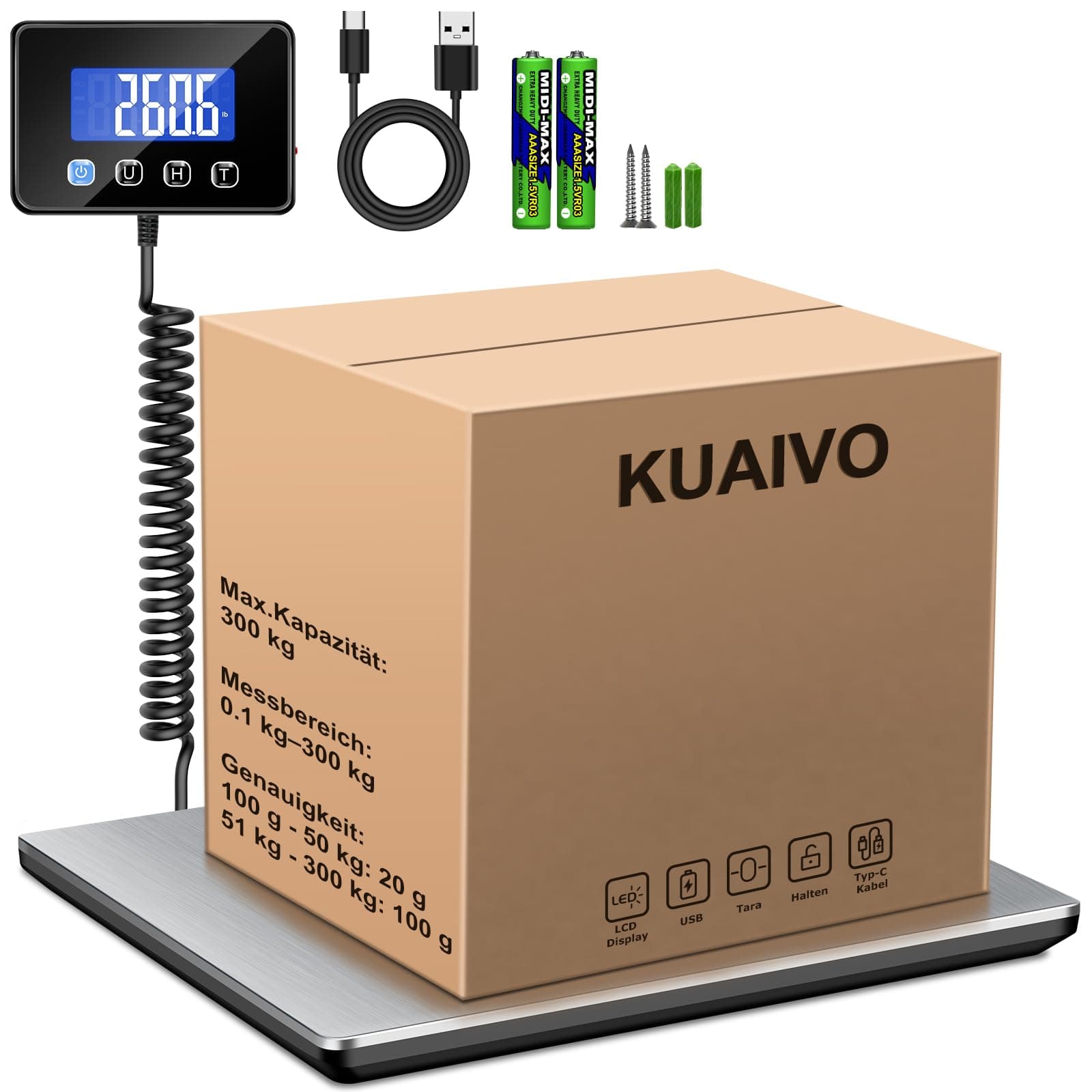 KUAIVO Paketwaage, 300kg/20g Hochpräzise Plattformwaage mit LCD/Hold/Tara Funktion, Postwaage aus Edelstahl für Pakete, Gepäck, Lagerhaus, Unternehmen und für den Hausgebrauch, Aufladbar