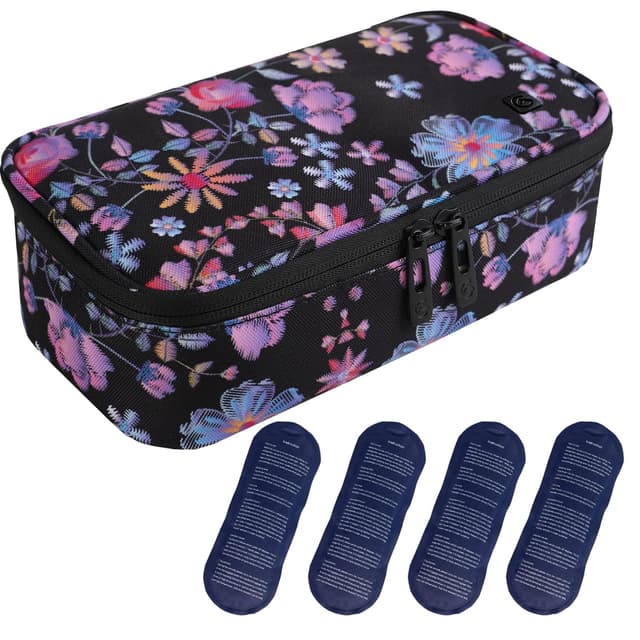 ALLCAMP Insulin Kühltasche Kühlbox für Tragbarer Organizer Diabetiker Medikamente mit 4 Eisbeuteln, Isolierfutter und Stiftaufbewahrung Blumenmuster