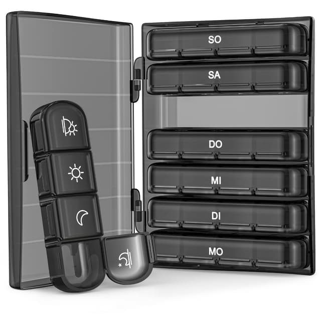 AUVON Tablettenbox 7 Tage Morgens Mittags Abends Nachts, Medikamentenbox 7 Tage 4 Fächer BPA-frei, Klein Pillendose Große Fächer für Medikamente, Vitamine, Fischöl