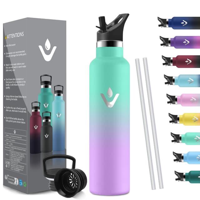 HoneyHolly Thermosflasche 1L BPA-Frei, Trinkflasche Edelstahl, Auslaufsichere Isolierflasche Doppelwandig, Isolierflasche, Thermoflasche, Thermobecher mit Strohhalm, Trinkflasche Kohlensäure Geeignet Seegrün & Hellviolett - 1000ml 1000 ml