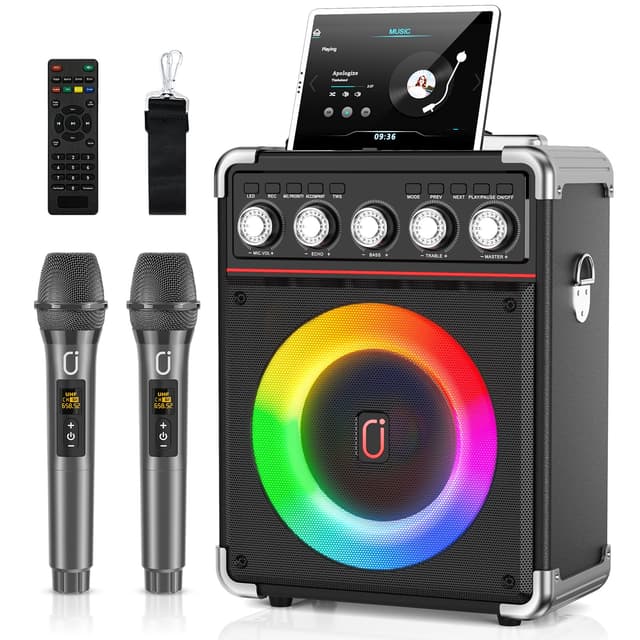 JYX Karaoke Maschine mit 2 drahtlosen Mikrofones, Tragbaren Karaoke Anlage Lautsprecher mit RGB-Licht für Hausparty Partybox Unterstützt,TWS Schwarz