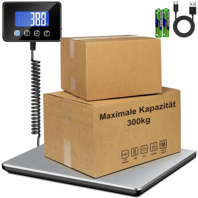 RAOYAN Paketwaage 300kg Plattformwaage 20g Genauigkeit Briefwaage, Kofferwaage für Pakete/Lager/Gepäck,Paketwaage mit LCD/Hold/Tara Funktion, Batterien&Typ-C 300kg Paketwaage