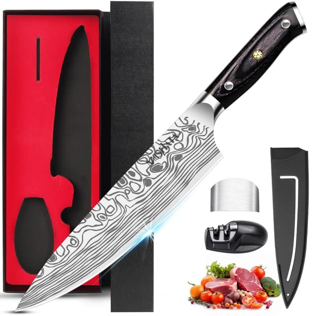 MOSFiATA Kochmesser, Küchenmesser Fleischmesser Profi 20CM aus EN.4116 Deutschem Edelstahl Schafe Klinge Ergonomischer mit Fingerschutz und Messerschärfer in Geschenkbox