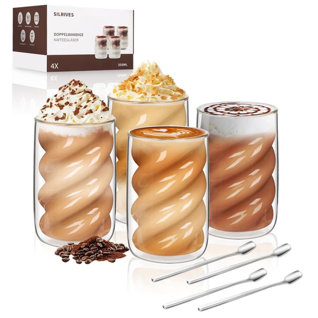 SILRIVES Latte Macchiato Gläser Doppelwandig 350ml 4er Set mit 4 Löffeln,Kaffeegläser aus Borosilikatglas Isolierende,Espressotassen,Cappuccino Gläser,Eiskaffee,Teegläser,Thermogläser