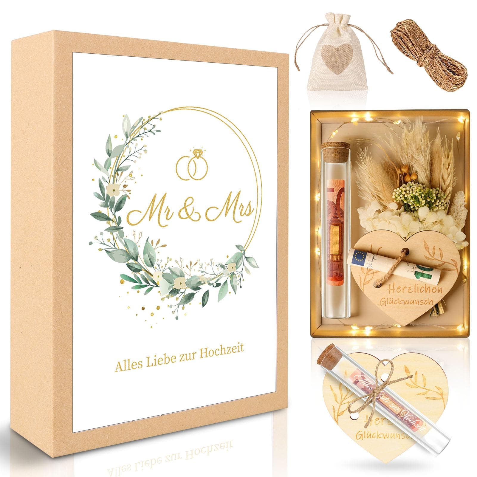 TUZELIYA Hochzeitsgeschenke für Brautpaar Geldgeschenk Hochzeit Geld Geschenkbox inkl. Ewige Blumen, Reagenzglas, Jutesäckchen, Lichterkette zur Hochzeitstag, Hochzeitsgeschenk Geld