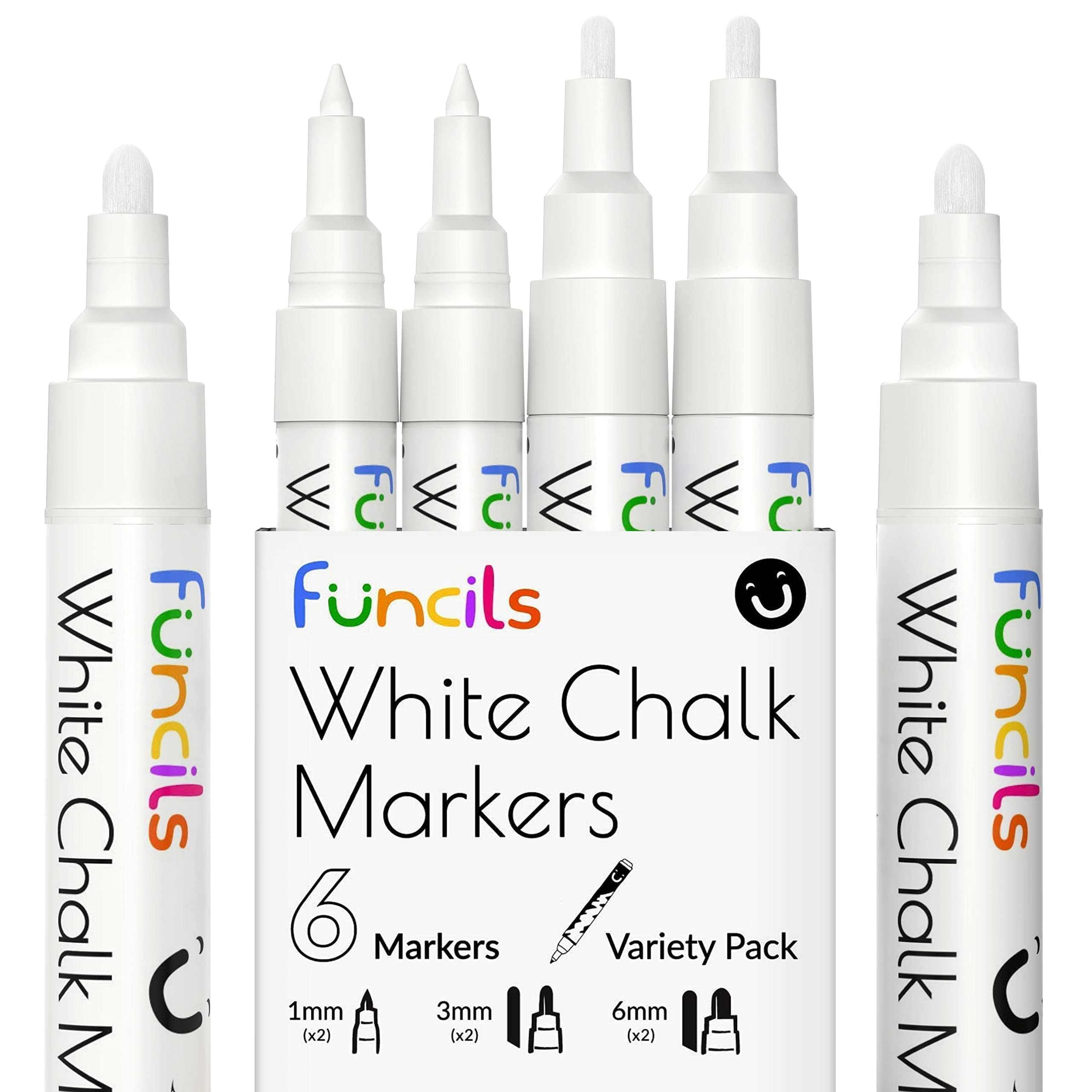 Funcils Kreidestifte - weiß - 6 Kreide Markers Multipack - 1mm, 3mm, 6mm Spitze. Kreidestifte für Fenster, Tafel, Glas und mehr. Geeignet für Erwachsene, Künstler, Lehrer und Kinder. White 6 White - 1,3,6mm