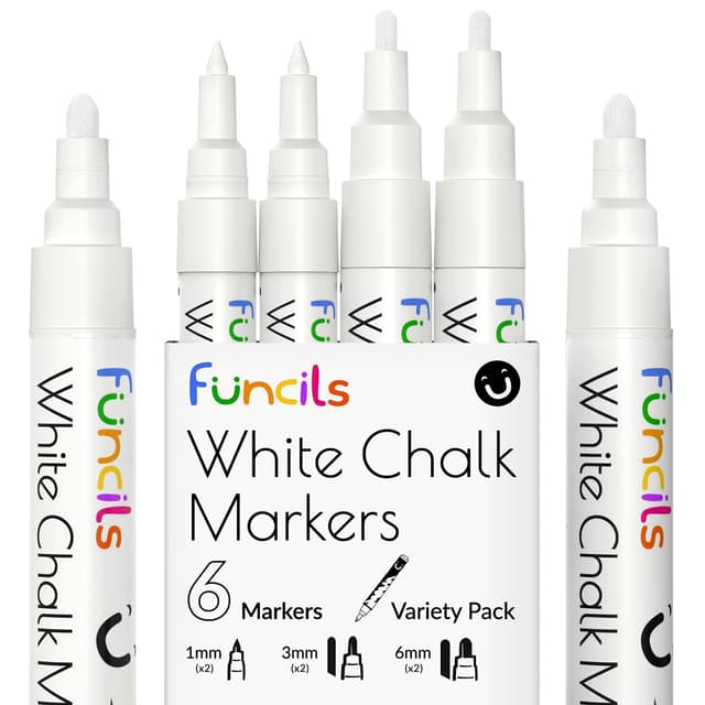 Funcils Kreidestifte - weiß - 6 Kreide Markers Multipack - 1mm, 3mm, 6mm Spitze. Kreidestifte für Fenster, Tafel, Glas und mehr. Geeignet für Erwachsene, Künstler, Lehrer und Kinder. White 6 White - 1,3,6mm