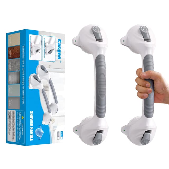 Casgee 2 Stück Haltegriff Dusche ohne bohren, 38cm Haltegriffe für Senioren, Haltegriff mit Saugnapf bis 110KG, Badewannengriff mit Saugwarnung, Portable Mobiler Duschgriff, WC Rutschfreier, Grau 2 Stück Grau