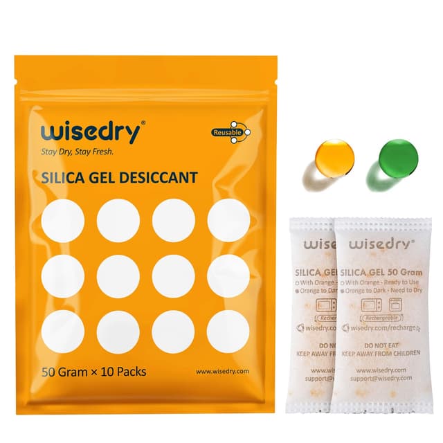 wisedry 50 Gramm [10 Packungen] Silicagel Beutel Kieselgel Mikrowelle Regenerierbar Sie Trockenmittel Beutel mit indikator für Schrankwaffensafes Badezimmer Lebensmittelqualität 50g x 10 Pack
