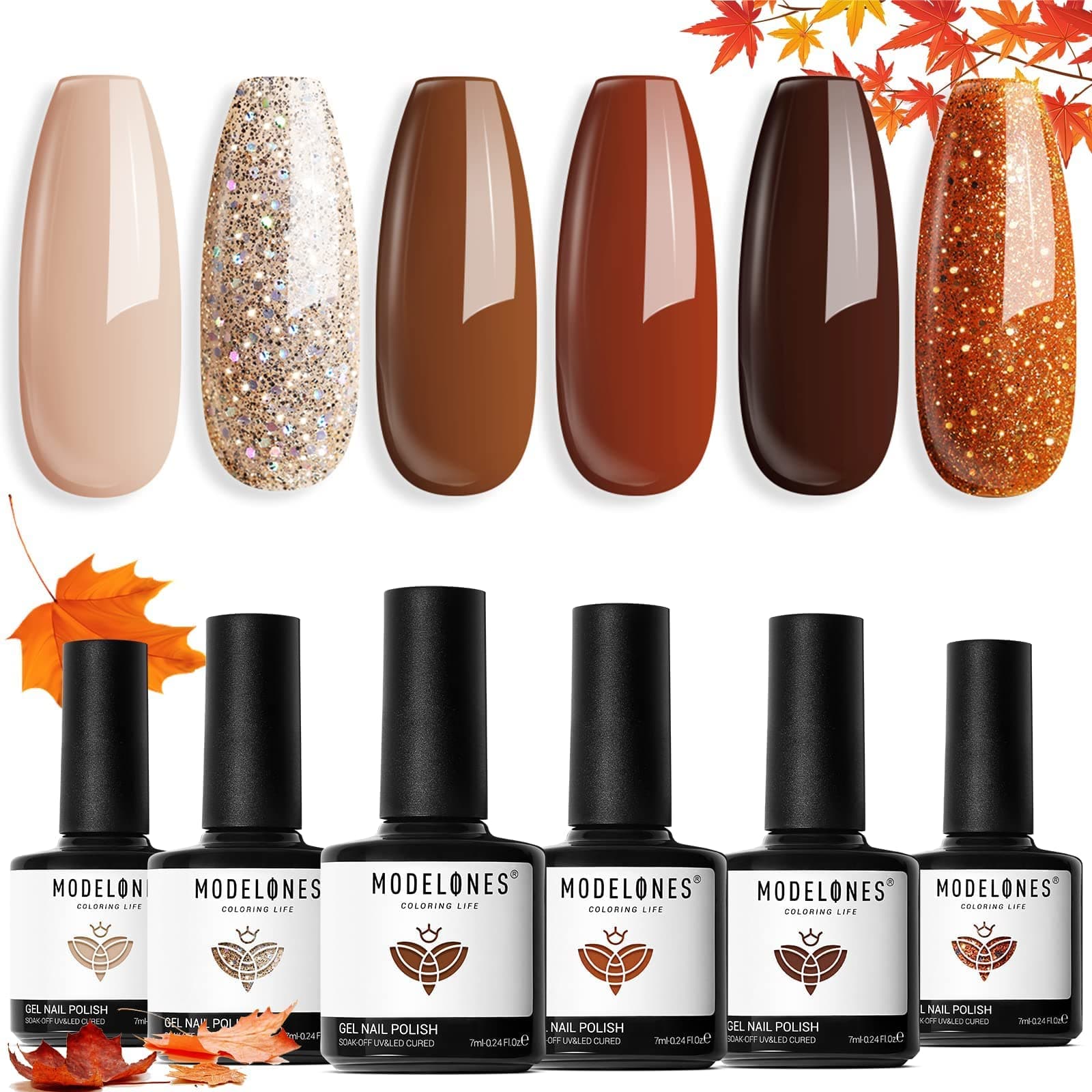 Modelones UV Nagellack Set Herbst Winter Kürbis Orange Nude Braun Glitter 6 Farbe Gel Nagellack Gel Nail Polish French Manicure Soak Off UV Nägel Gellack für Nail Art Nageldesign Kit Braun Orange