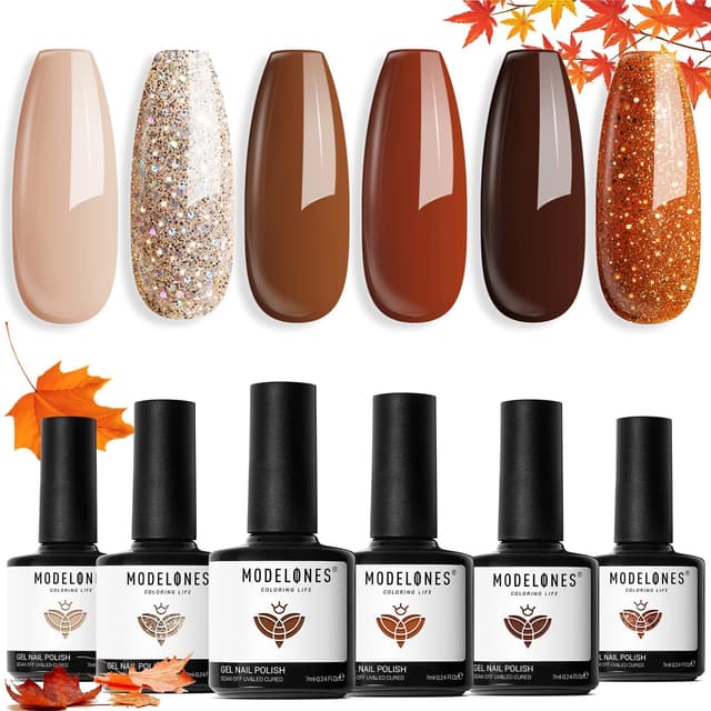 Modelones UV Nagellack Set Herbst Winter Kürbis Orange Nude Braun Glitter 6 Farbe Gel Nagellack Gel Nail Polish French Manicure Soak Off UV Nägel Gellack für Nail Art Nageldesign Kit Braun Orange