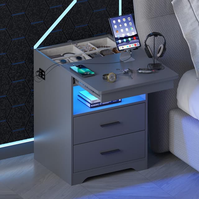 Gurexl LED Nachtschrank mit 3 Licht Dimmbar, Smart Nachttisch mit Ladefunktion, Abschließbare Schubladen Sideboard mit 3 Schubladen USB Type-C Wohnzimmer Grau 1 Grau