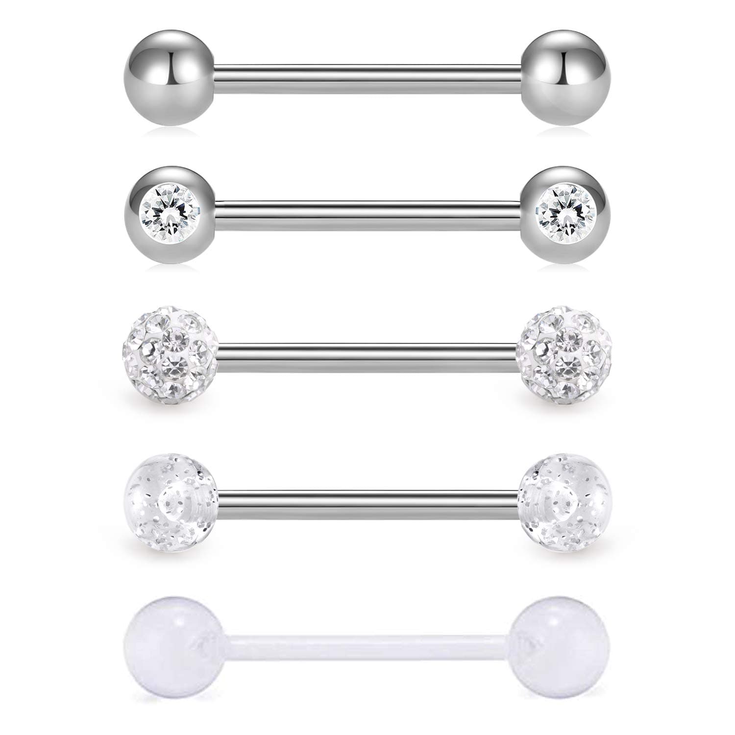 vcmart 5er Zungenpiercing 16mm Barbell Set 14 Gauge aus Chirurgenstahl Kunststoff mit Verschieden Kugeln
