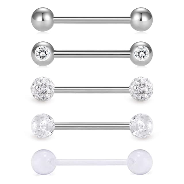 vcmart 5er Zungenpiercing 16mm Barbell Set 14 Gauge aus Chirurgenstahl Kunststoff mit Verschieden Kugeln