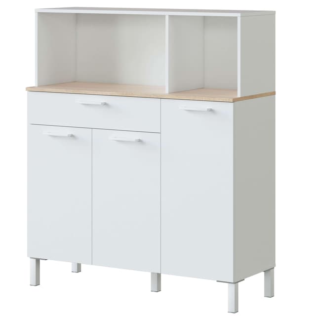 Habitdesign, Küchenschrank, Anrichte für Esszimmer, Beistellmöbel mit 3 Türen + 1 Schublade und Innenregal, Arktisweiß und kanadische Eiche, Maße: 108 x 126 x 40 cm (B x H x T)