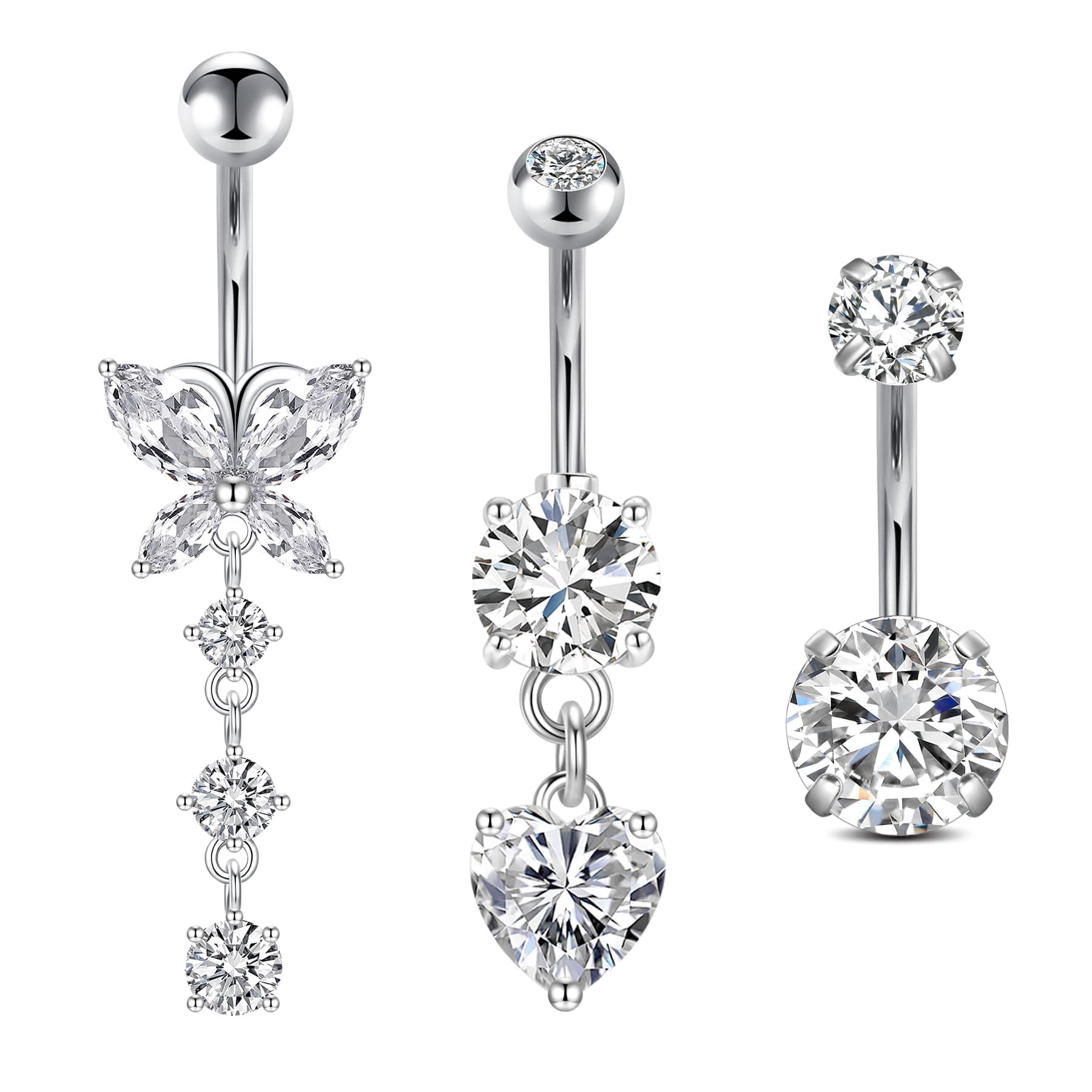 FECTAS 3pcs Bauchnabelpiercing 10mm Chirurgenstahl Silber Gold Bauchpiercing Piercing Bauchnabel Schmuck Herz Schmetterling B -Silber