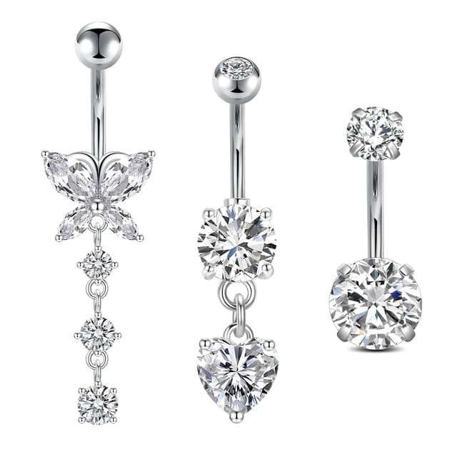 FECTAS 3pcs Bauchnabelpiercing 10mm Chirurgenstahl Silber Gold Bauchpiercing Piercing Bauchnabel Schmuck Herz Schmetterling B -Silber