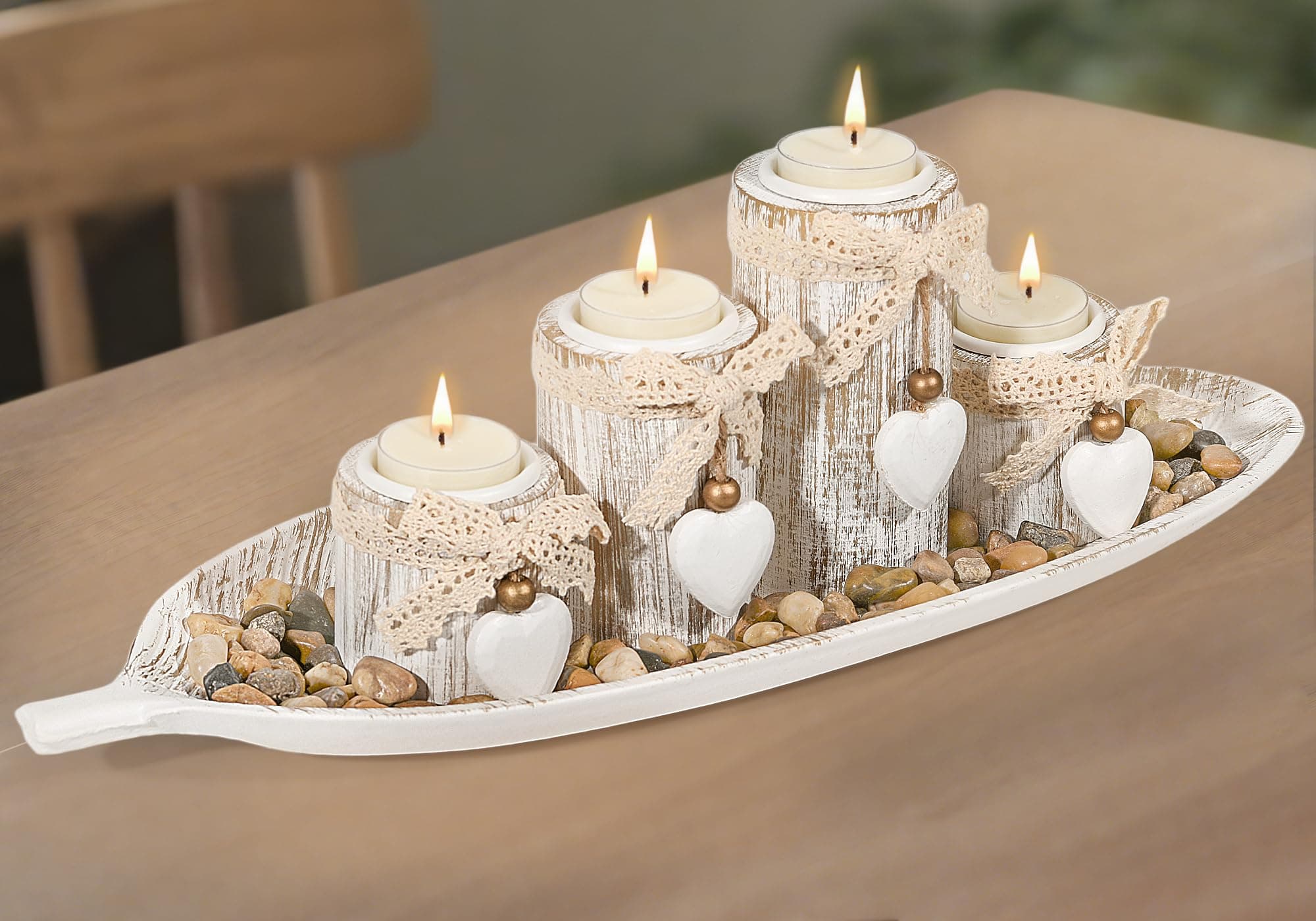 GoMaihe Kerzenhalter aus Holz mit Tablett 4-teiliges: Teelicht-Kerzenständer-Set für Esstisch-Mittelstück, Ornamente für Wohnzimmer und Badezimmer, Einweihungsgeschenke, Blatt Beige（leaf Tray） Tray Diameter 40.5cm