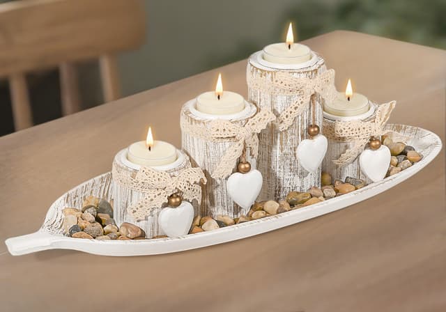 GoMaihe Kerzenhalter aus Holz mit Tablett 4-teiliges: Teelicht-Kerzenständer-Set für Esstisch-Mittelstück, Ornamente für Wohnzimmer und Badezimmer, Einweihungsgeschenke, Blatt Beige（leaf Tray） Tray Diameter 40.5cm