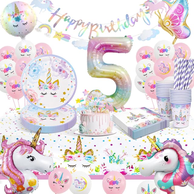 KQMGJYB Einhorn Partygeschirr Set 16 Gäste, 5 Jahre Einhorn Geburtstagsdeko Geschirr, Einhorn Kindergeburtstag Servietten, Tassen, Pappteller für Mädchen Party 5 Jahre