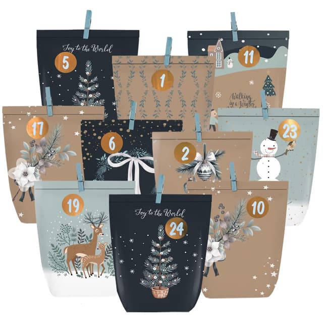 KOHMUI Adventskalender zum Befüllen, 24 Weihnachtskalender Kraftpapiertüten zum Selber Basteln, Geschenk Papiertüten mit Zahlen Aufkleber zum Selbstbefüllen Dunkelblau mit Bunt