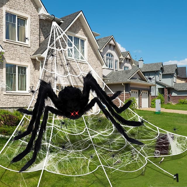AMLOOPH Halloween Deko Outdoor Garten Gruselig Spinnennetz Groß Set, Spinnennetz Halloween Dekoration 5m + Riesen Halloween Spinne 1.5m +Mini Spinne + Spinnenweben Deko Halloween Party Horror Draußen Schwarz 5m Spinnennetz +1,5m Spinne