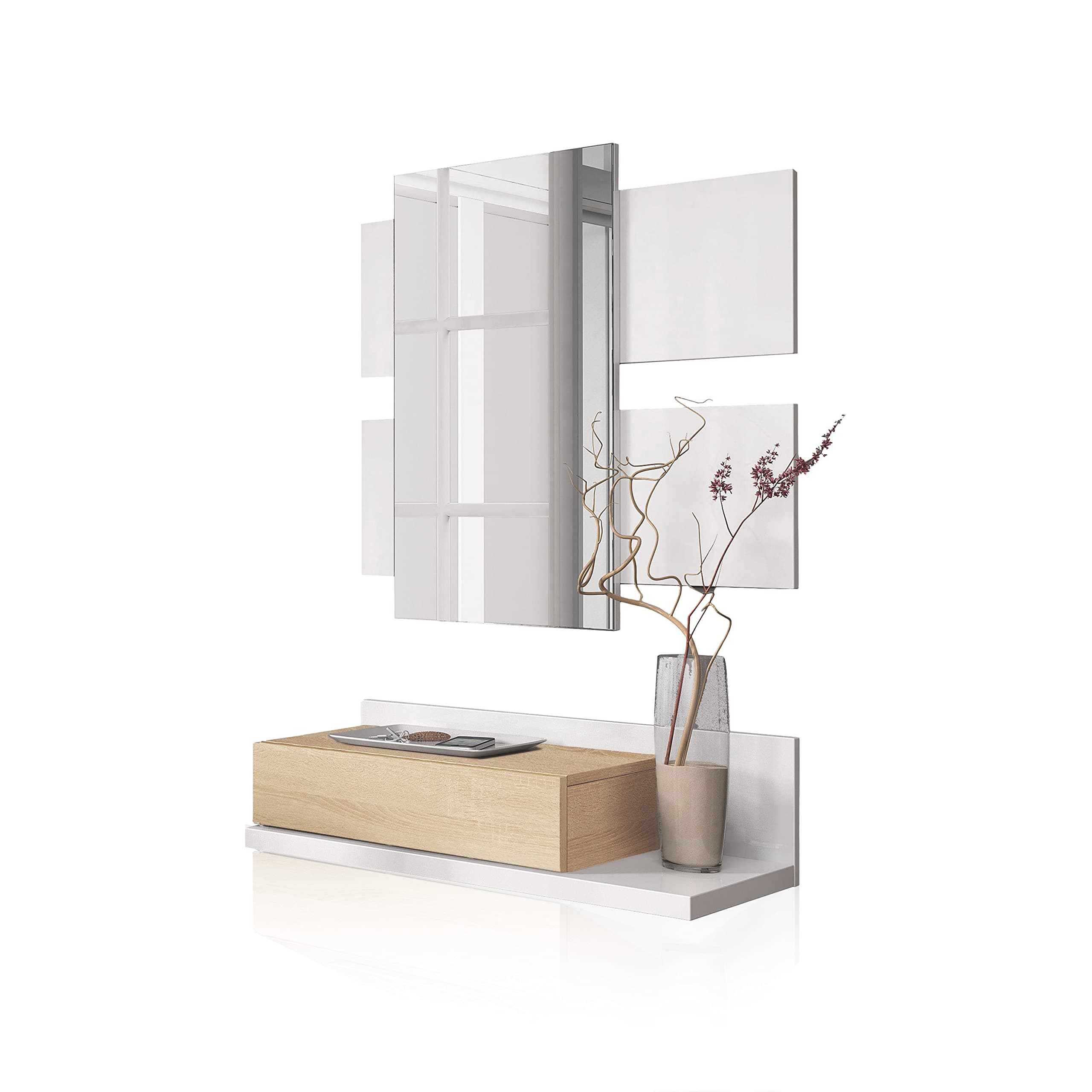 Habitdesign Flur mit Schublade und Spiegel, Eingangsmöbel, Modell Tekkan, Ausführung in Artik White und kanadischer Eiche, Maße: 75 cm (Breite) x 116 cm (Höhe) x 29 cm (Tiefe)