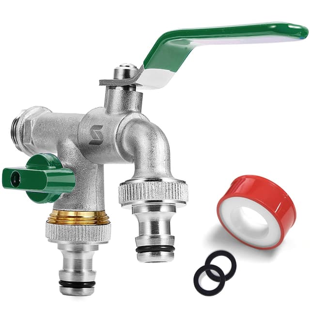 SPGOOD Garten Wasserhahn,Doppel Auslaufhahn 1/2 Zoll,aus Messing Rost-und Frostsicher, mit 2 x Schlauchanschlüsse,1x Rollendichtband,Doppelanschluss und Schlauchtülle für,für Garten(Grün) Grün 【Doppelter Kopf】 1/2'' auf 2*3/4''