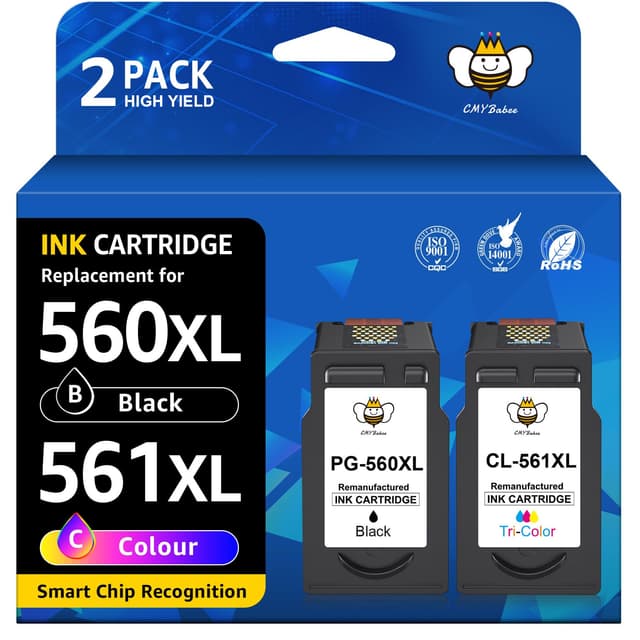 CMYBabee 560 561 XL Tintenpatronen Ersatz für Canon PG-560 CL-561 kompatibel mit Canon PIXMA TS5350i TS7450i TS5351i TS7451 TS5350 TS5350a TS5352 TS5353 TS5300 Serie (Schwarz + Farbe, 2er-Pack) 1Schwarz/1Farbe