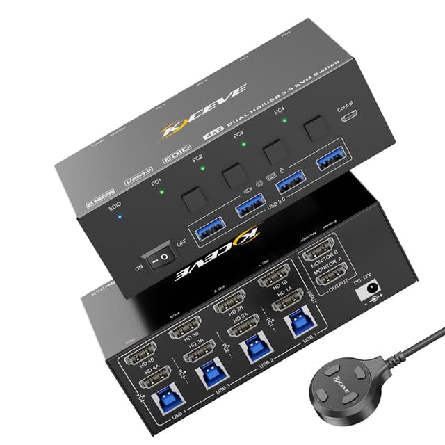 KVM Switch 2 Monitore 4 PC, KCEVE 8K@60Hz, 4K@144 Hz USB 3.0 HDMI KVM-Umschalter mit EDID-Emulator für 4PC Share Maus Tastatur und Monitor, stabiler Chip, hohe Kompatibilität KVM 2 Monitore 4 PC HDMI