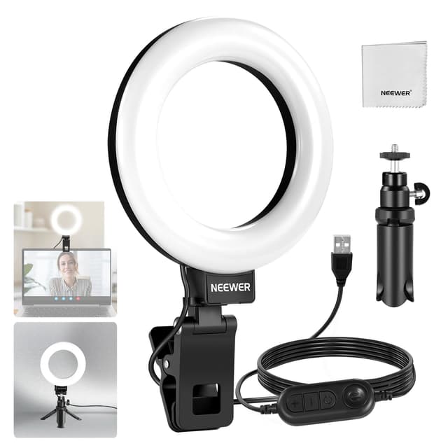 NEEWER Basics 5" Ringlicht mit Mini Stativ Ständer für Tisch Videokonferenz Licht, Clip on Streaming Set für Monitor Webcam Laptop Computer Make up Selfies Videoaufnahmen, Reinigungstuch, BR60