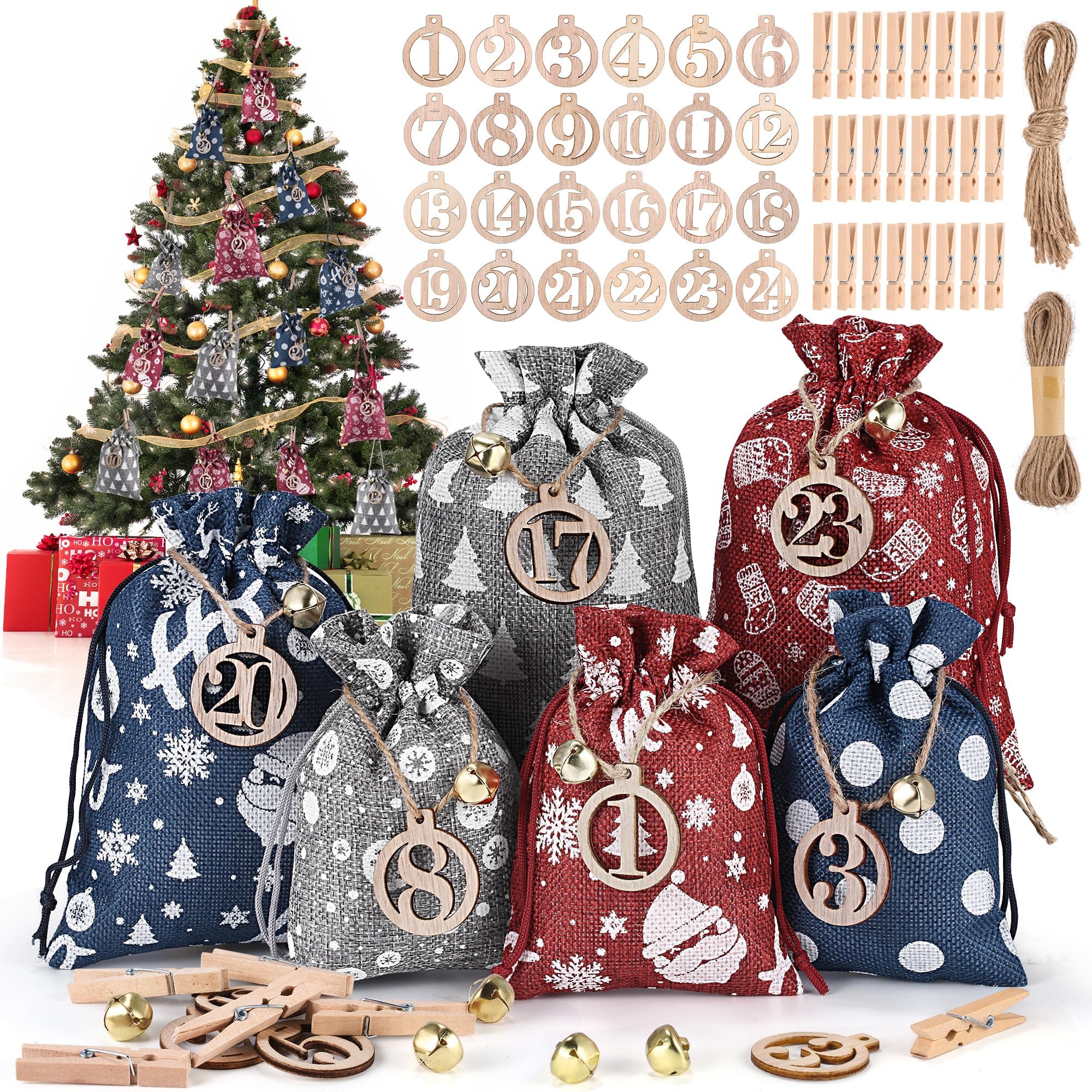 DazSpirit 24 Adventskalender zum Befüllen und Aufhängen, DIY Adventskalender Stoffsäckchen mit Holzklammern, Hanfseil, Glocken und Holzzahlen, Weihnachtskalender Selberfüllen für Kinder Rot, Blau, Grau