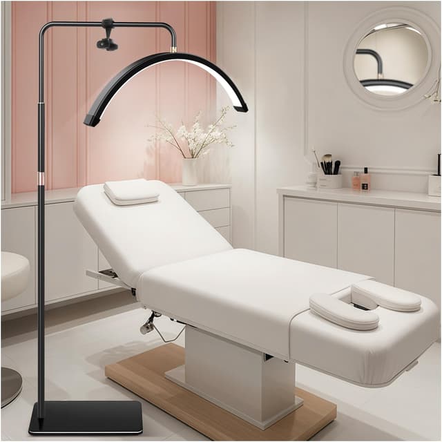 Halbmond-Stehlampe für Wimpern, Wimpern Lampe für Wimpernverlängerungen mit Telefonhalter, Tätowierer, Nageltechniker – kühle, LED Beauty-Ringlicht Warme Lampe mit Einstellbarer Helligkeit und Höhe