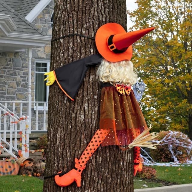 HOIIOH Halloween-Deko Outdoor – 135 cm Halloween Hexe Kracht gegen Baum, Witzige Fliegende Hexendeko zum Hängende für Garten, Vordervoranda, Gruselhaus, Outdoor/Indoor, Hof, Partydeko (Orange)