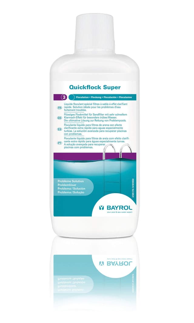 BAYROL Quickflock Super 1 L - Flockungsmittel Pool Sandfilter, flüssig - Sehr schneller Klarmach-Effekt für besonders trübes Poolwasser - Wasserreiniger Pool - Klarmacher Pool Reinigungsmittel Single