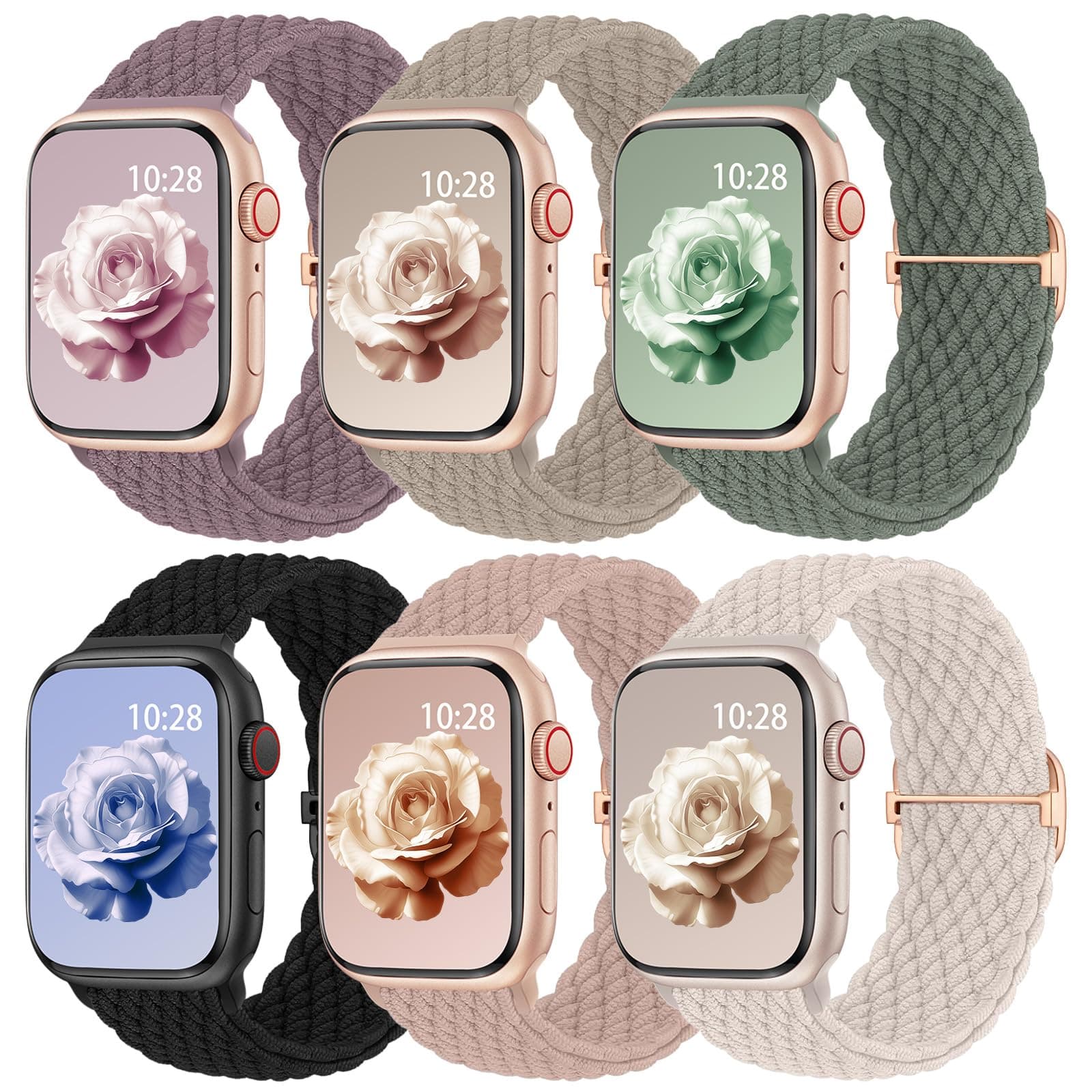 6 Stück Geflochtenes Armband Kompatibel mit Apple Watch Armband 40mm 41mm 42mm 38mm 46mm 45mm 44mm 49mm Damen Herren,Elastisch Nylon Stoff Loop Band für iWatch Ultra SE Series 10 9 8 7 6 5 4 3 2 1 Milchtee/Schwarz/Starlight/Rosastaub/Rauchlila/Olivengrün