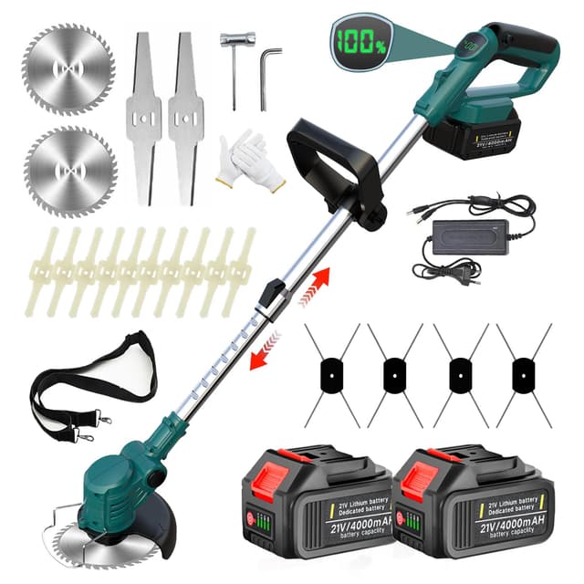 Rasentrimmer mit Akku, 4-in-1 Akku Rasentrimmer für Makita-Akkus mit 4 Klingentypen, 21V Freischneider Akku, Rasentrimmer Elektrisch mit 2X 4.0Ah Akku 90° Schwenkbarer Kopf für Rasen Garten, Blue Blau