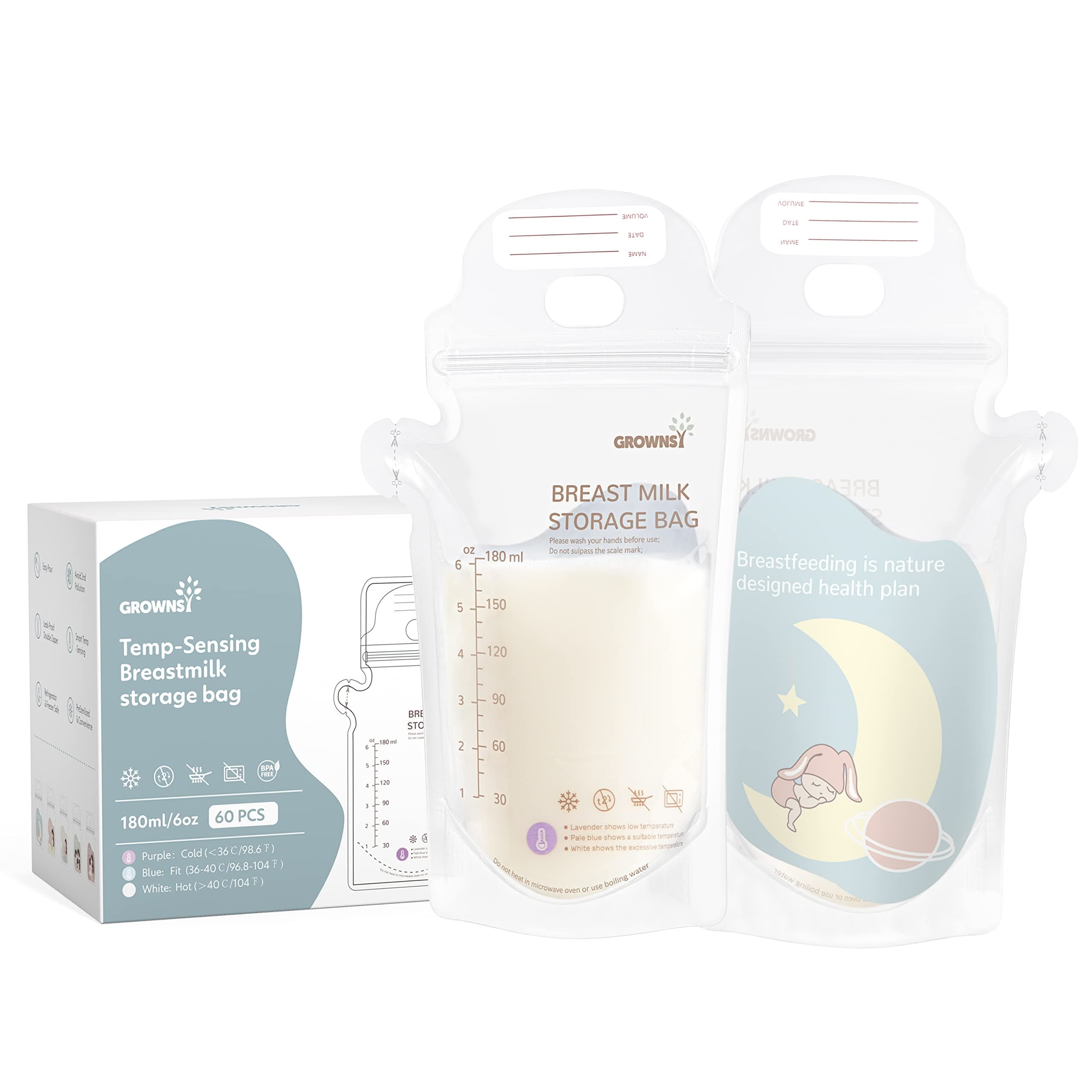 GROWNSY Muttermilch-Aufbewahrungsbeutel 60 Stück, 180ml BPA-frei Muttermilch Aufbewahrung Bag, Milchbeutel für Muttermilch temperaturfühlend， selbststehend und auslaufsicher 60Stück