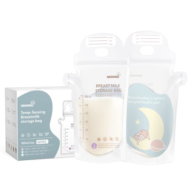 GROWNSY Muttermilch-Aufbewahrungsbeutel 60 Stück, 180ml BPA-frei Muttermilch Aufbewahrung Bag, Milchbeutel für Muttermilch temperaturfühlend， selbststehend und auslaufsicher 60Stück