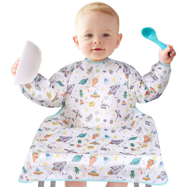 Vicloon Lätzchen mit Ärmeln Baby Ärmellätzchen Befestigt Sich an Ihrem Hochstuhl, Baby Lätzchen mit Ärmeln Wasserdicht für Jungen Mädchen Kleinkind Fütterung Lätzchen Schürze-Astronaut