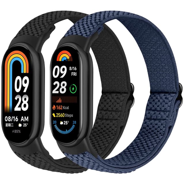 BTTNG Elastische Nylon Armband Nur Kompatibel mit Xiaomi Smart Band 10/9/8, Verstellbare Dehnbare Armbänder Sport Ersatz Armband für Xiaomi Mi Band 8/Mi Band 9/Mi Band 10 Herren Damen (2 Stück) Schwarz + Indigo