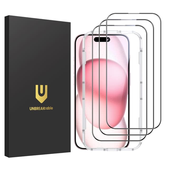 UNBREAKcable 3er-Pack für iPhone 15 für Panzerglas, für Schutzfolie Glas [1:1 Vollabdeckung] [Einfacher Installationsrahmen] [9H-Härtegrad] [99,99% HD] für Apple Schutzglas 6,1 Zoll