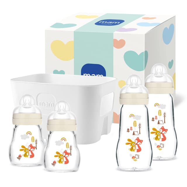 MAM Feel Good Glass Bottle Set | 0+ Mon | Babyflaschen-Set für Neugeborene | 94% Akzeptanz | stillfreundlich | hygienisch | 4 Glasflaschen & 1 Flaschenkorb | beige