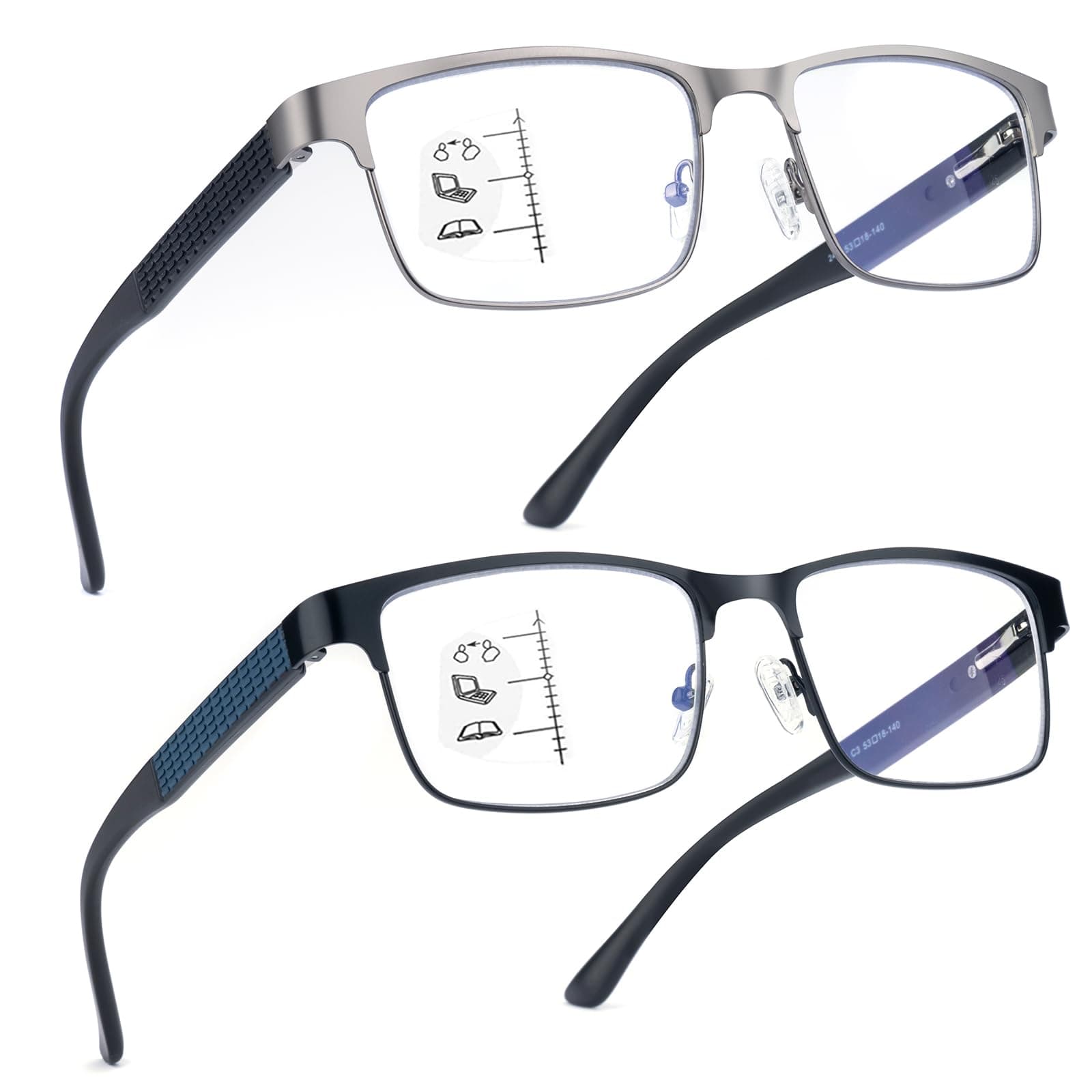 Missfive 2 Pack Gleitsichtbrille Herren Metall Multifokale Blaulichtfilter Halbrahmen Gleitsicht Lesebrille Mit Federscharniere (Schwarz&Gunmetal, Nähe-Mittlere Entfernung, 1.5x) Multifokus/ 1 Schwarz+ 1 Gunmetal 1.5 x